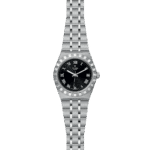 Tudor stainless steel watch with black dial, Roman numerals, and elegant design.