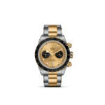 Luxury Tudor chronograph watch with gold dial and stainless steel-gold bracelet for stylish elegance.