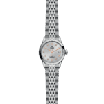 Elegant Tudor watch with diamond markers, polished silver case, and stainless steel bracelet.