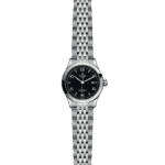 Elegant Tudor stainless steel watch with black dial, date feature, and polished bracelet.