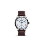 Elegant Tudor watch with stainless steel case, white guilloché dial, and brown leather strap.