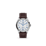 Elegant Tudor watch with a white dial, blue accents, and a luxurious brown leather strap.