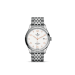Elegant Tudor watch with stainless steel case, white dial, rose gold accents, and automatic movement.