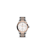 Elegant Tudor wristwatch with white dial, rose gold accents, and stainless steel bracelet.