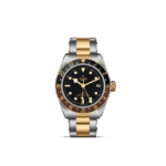 Stylish Tudor watch with stainless steel, bronze accents, black dial, and versatile two-tone bracelet.