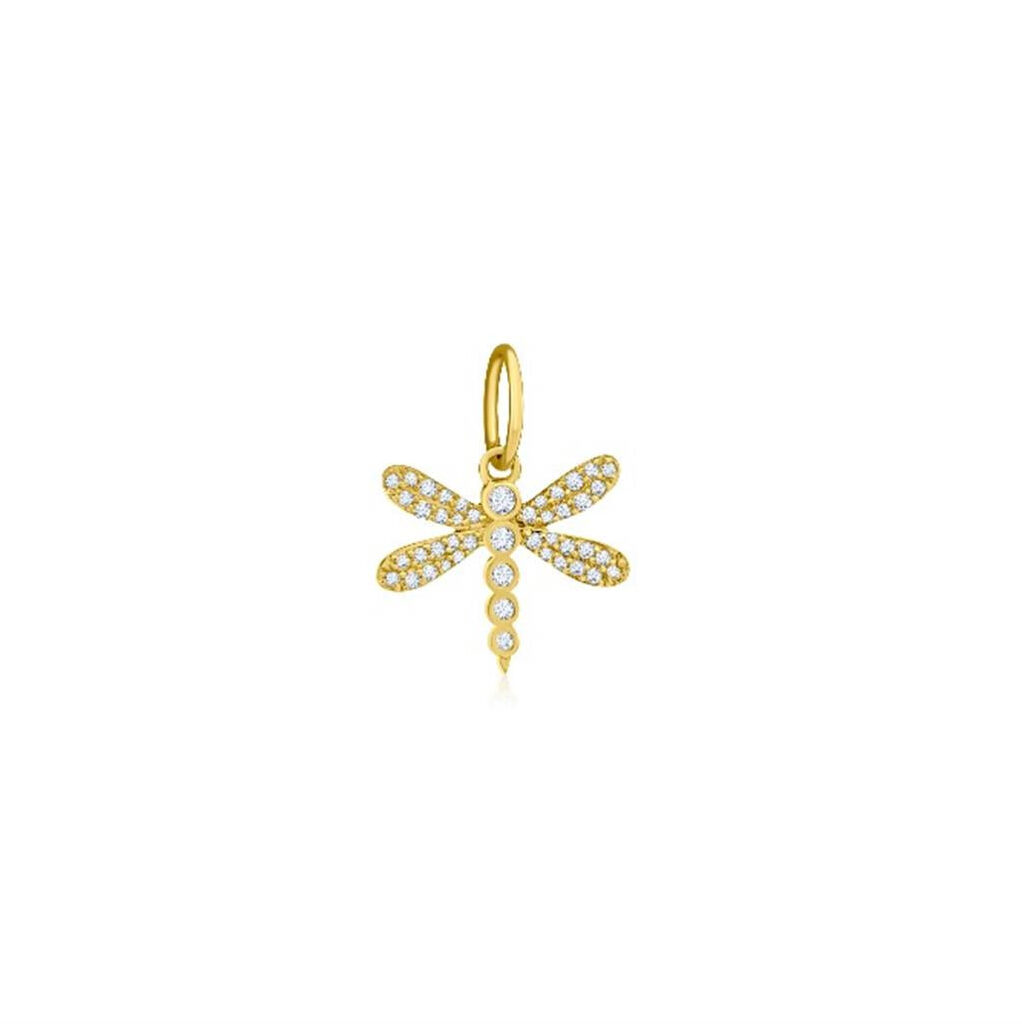 Yellow gold dragonfly charm adorned with sparkling stones, symbolizing transformation and elegance.