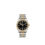 Luxurious Tudor watch featuring a black dial, golden accents, and a two-tone bracelet.