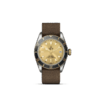 Tudor stylish watch with gold dial, black bezel, and durable brown fabric strap.