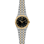 Elegant Tudor watch with a black dial, gold accents, and diamond markers for timeless sophistication.
