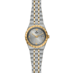 Stylish Tudor watch with gold bezel, silver dial, and dual-tone bracelet for elegance and functionality.