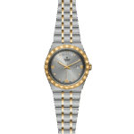 Elegant Tudor watch with gold bezel, gray sunburst dial, and diamond markers for luxury style.