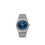 Stylish Tudor wristwatch with blue dial, Roman numerals, and diamond markers for sophistication.