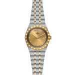 Elegant Tudor two-tone watch featuring a gold dial, diamond markers, and date display.