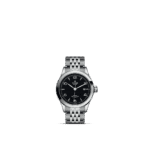 Tudor luxury watch featuring a polished stainless steel case and elegant black textured dial.