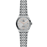 Luxury Tudor watch with polished stainless steel case and elegant silver textured dial.