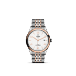 Elegant Tudor watch featuring stainless steel and rose gold with a minimalist white dial.