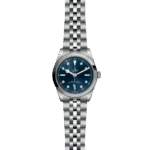 Tudor stainless steel wristwatch with blue dial, diamond markers, and date function.