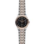 Elegant Tudor wristwatch in stainless steel and rose gold with diamond markers and textured black dial.