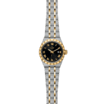 Elegant Tudor watch with black dial, gold accents, and dual-tone stainless steel bracelet.