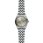 Stylish Tudor watch with stainless steel case, beige dial, and elegant bracelet for timeless sophistication.