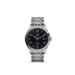 Elegant Tudor watch with stainless steel case, black dial, and sophisticated link bracelet.