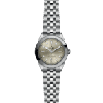 Elegant Tudor stainless steel watch with silver dial, chronometer certification, and robust bracelet.