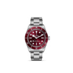Stylish Tudor dive watch with a burgundy dial and durable stainless steel design.