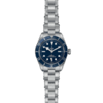 Tudor watch with deep blue dial, luminous hands, stainless steel case, and durable bracelet.