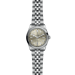 Elegant silver watch with sunburst dial, luminous hands, and textured bracelet for timeless luxury.