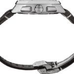 Luxury stainless steel wristwatch with leather strap and chronograph features, perfect for enthusiasts.