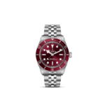 Elegant Tudor diving watch with burgundy dial, stainless steel case, and professional 200m water resistance.