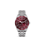Elegant Tudor watch with burgundy dial, stainless steel bezel, and durable bracelet, perfect for any occasion.
