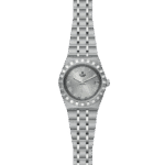 Sleek Tudor watch featuring a silver dial, Roman numerals, and a robust metal bracelet.
