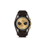Elegant Tudor watch with gold sunburst dial, chronograph features, and leather strap.