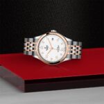 Tudor luxury watch with stainless steel and rose gold on a vibrant red surface.