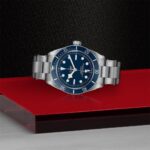 Luxury stainless steel watch with blue dial and unidirectional bezel, perfect for diving enthusiasts.