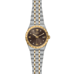 Elegant Tudor watch with silver and gold accents, brown dial, and a dual-tone bracelet.