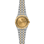 Elegant Tudor wristwatch with a gold dial, stainless steel, and gold case for timeless sophistication.