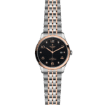 Elegant Tudor wristwatch featuring stainless steel, rose gold accents, and a luxurious black dial.