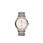 Tudor luxury watch with stainless steel and rose gold, featuring a white dial and date display.
