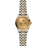 Elegant Tudor watch features gold and silver design with diamond markers and chronometer certification.