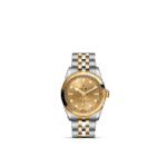Elegant Tudor watch featuring a champagne gold dial, polished gold bezel, and two-tone stainless steel band.
