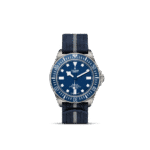 Tudor Pelagos diving watch features a blue dial, stainless steel case, and fabric strap.