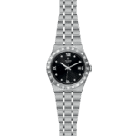 Luxury Tudor watch with black dial and stainless steel bracelet for stylish versatility.