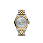 Elegant Tudor watch with silver and gold tones, featuring a polished case and luxurious design.