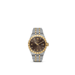 Luxurious gold and stainless steel watch with a brown dial and diamond accents.