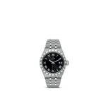 Tudor luxury watch features a black dial, Roman numerals, and stainless steel design.