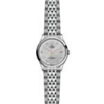 Elegant Tudor watch with stainless steel case, textured silver dial, and rose gold accents.
