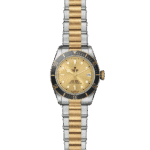 Sophisticated Tudor wristwatch with two-tone design, gold dial, and stainless steel case.