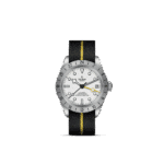 Tudor wristwatch featuring a white dial, rotating bezel, and sporty fabric strap with yellow accents.
